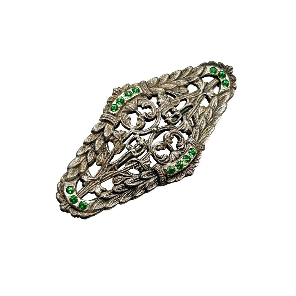 Vintage 1940s Pin Brooch Ornate Pot Metal Foliage Design with Green Rhinestones